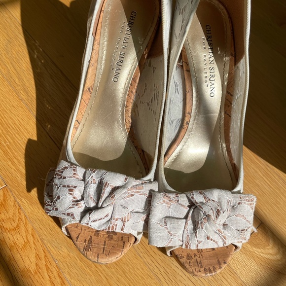 White lace open toe cork heels shoes 8.5 - Picture 7 of 13